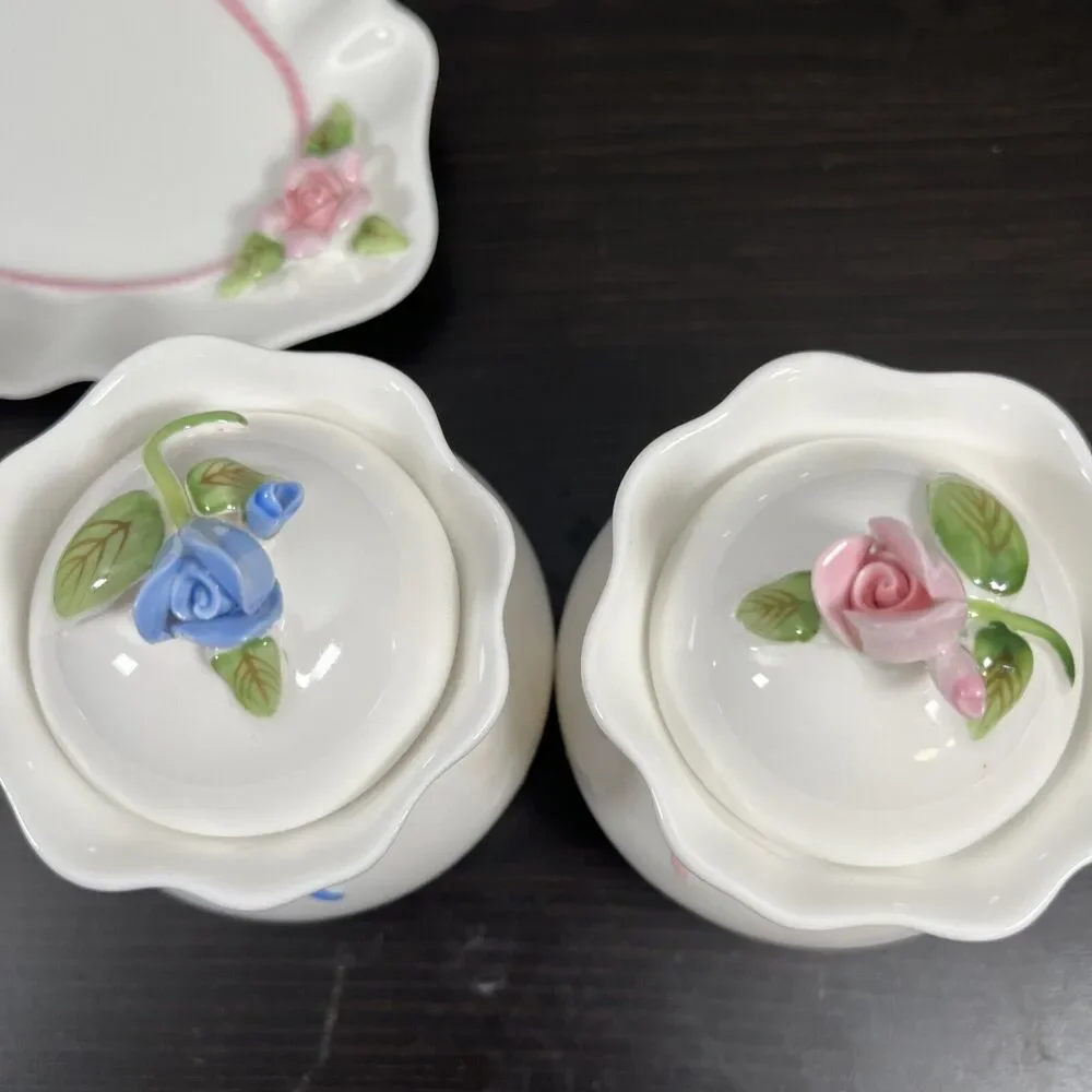VintageVictorian‎ Capodimonte Blue/pink Rose Hankook Bone China Sugar Bowls Tray